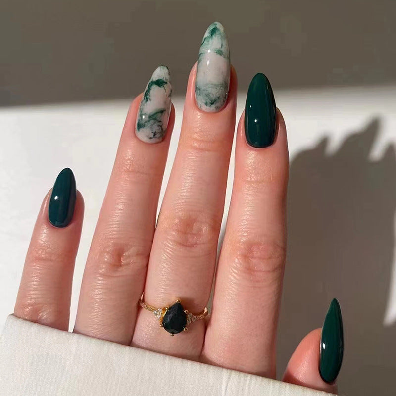 Emerald Elegance Long Almond-Shaped Deep Green and Marble Accent Press On Nail Set