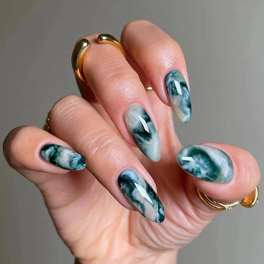 Enchanted Ocean Waves Long Almond Shape Teal Marble Swirl Press On Nail Set