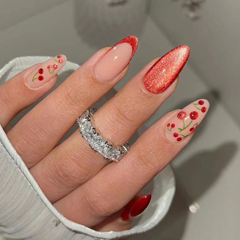 Garden Party Long Almond Red and Glitter Press On Nail Set with Floral Accents