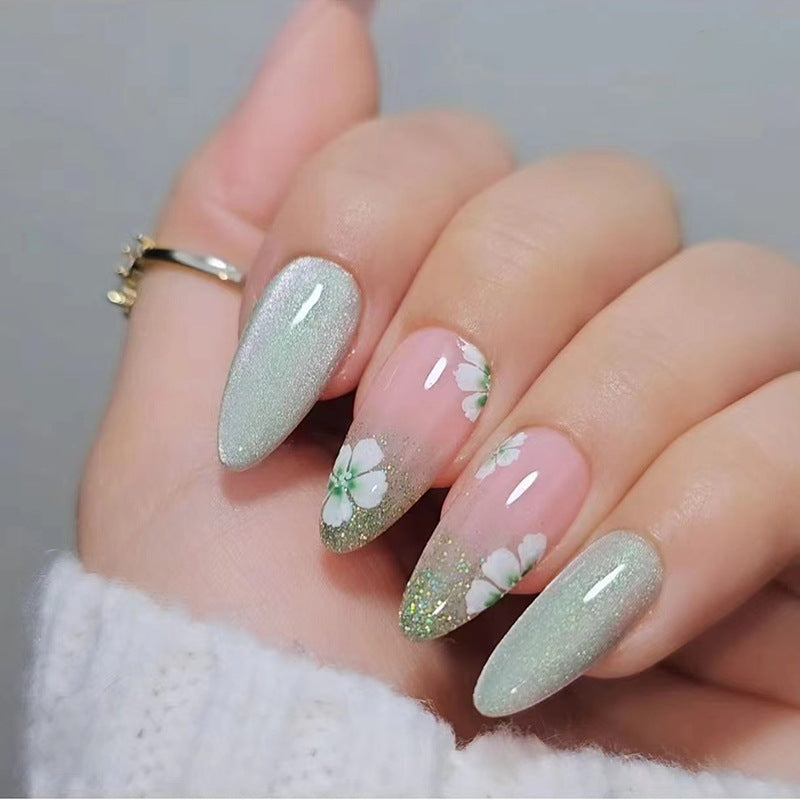 Enchanted Garden Long Almond Glitter Green Press-On Nail Set with Floral Accent Design