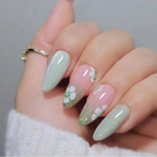 Enchanted Garden Long Almond Glitter Green Press-On Nail Set with Floral Accent Design