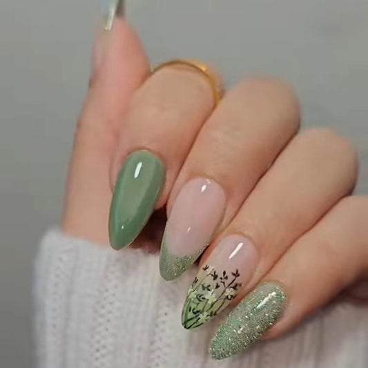 Garden Bliss Extra Long Almond Green Press On Nail Set with Floral Glitter Accent