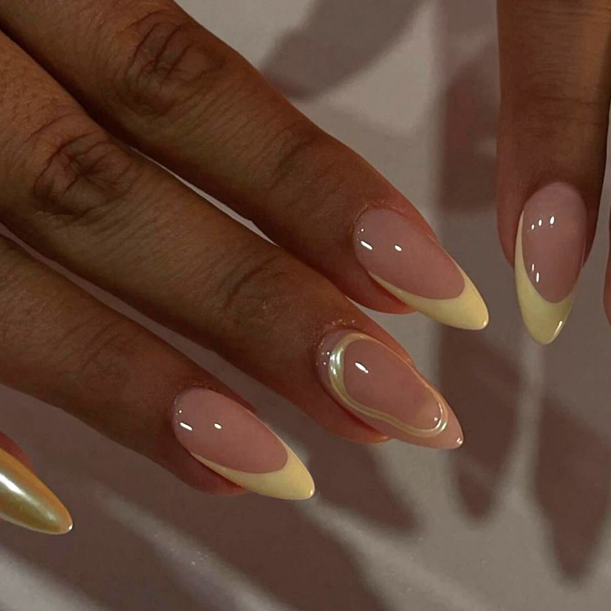 Chic Elegance Long Almond Yellow Tip Press On Nail Set with Glossy Finish