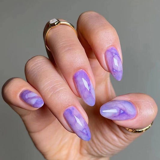 Lavender Dreams Long Almond Marble Design Press On Nail Set - Elegant Purple Almond Shape Faux Nails with Marbling Effect