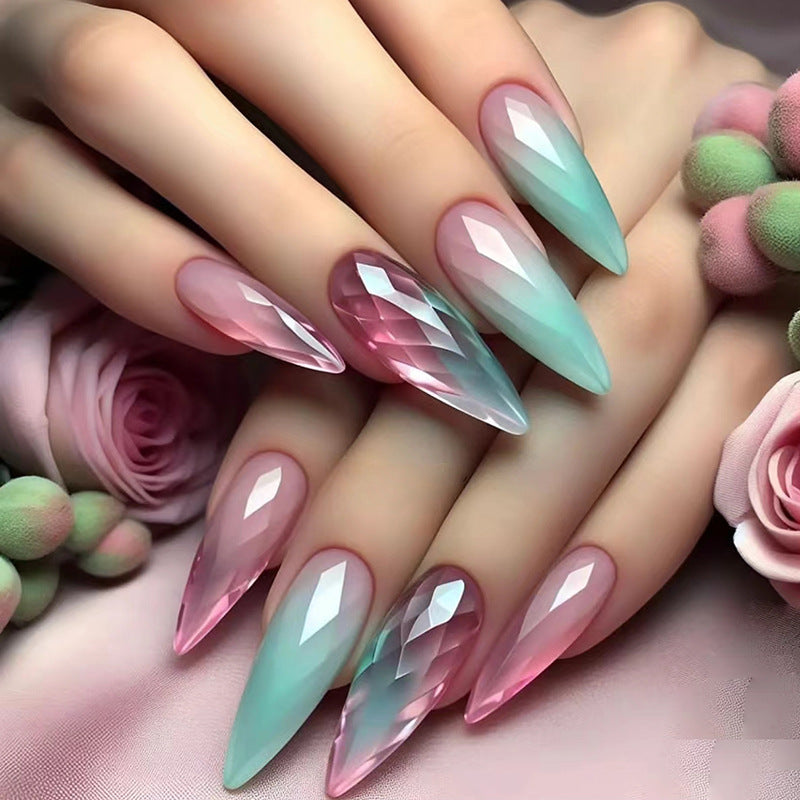 Enchanted Elegance Long Stiletto Gradient Pink and Mint Green Press On Nail Set with Diamond-like Facets