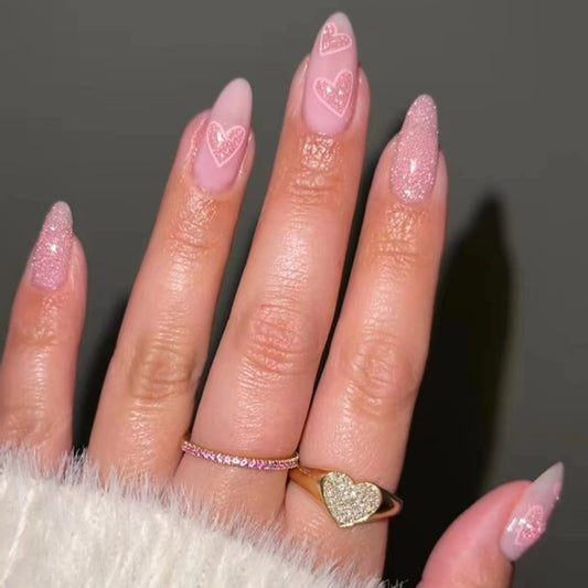 Enchanted Romance Medium Almond Pastel Pink Glitter Accent Press On Nail Set