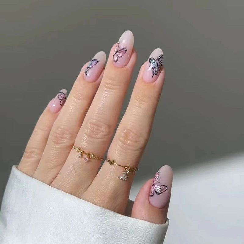 Butterfly Whisper Medium Almond Pink Press On Nail Set with Elegant Monarch Accents