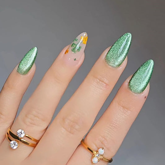 Enchanted Forest Medium Almond-Shaped Sparkling Green Press On Nail Set with Floral Accents