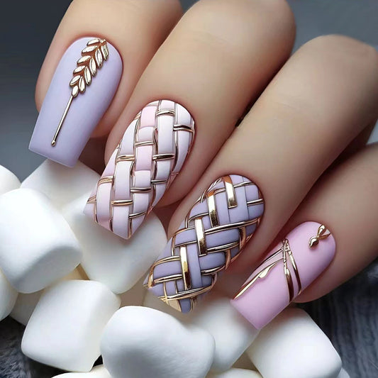 Elegant Lavender Long Square Press On Nails with Pink Accents and Metallic Weave Design