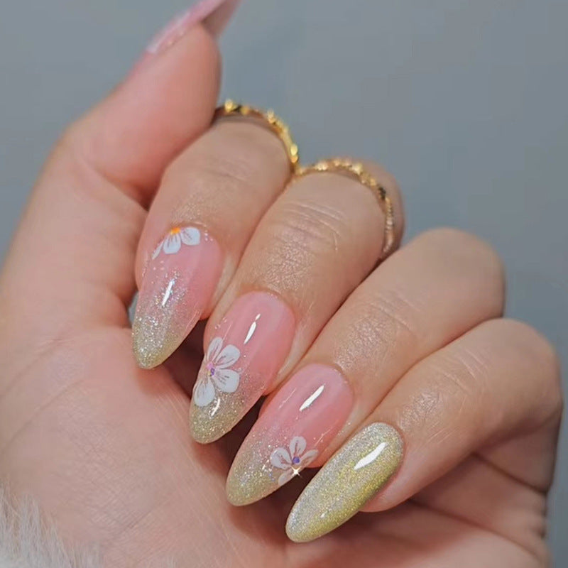 Spring Blossom Medium Almond Ombre Pink to Glitter Press On Nail Set with Floral Accents