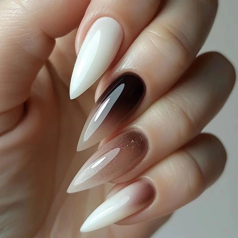 Elegant Ombre Stiletto Long Press On Nail Set, Classic Beige to Brown Gradient with Sparkle Accents