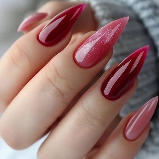 Elegant Evening Ombre Long Stiletto Burgundy to Pink Gradient Glitter Press On Nail Set