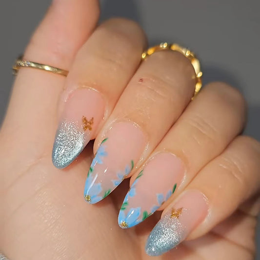 Enchanted Garden Long Almond Pastel Blue Glitter Accent Artificial Nail Set