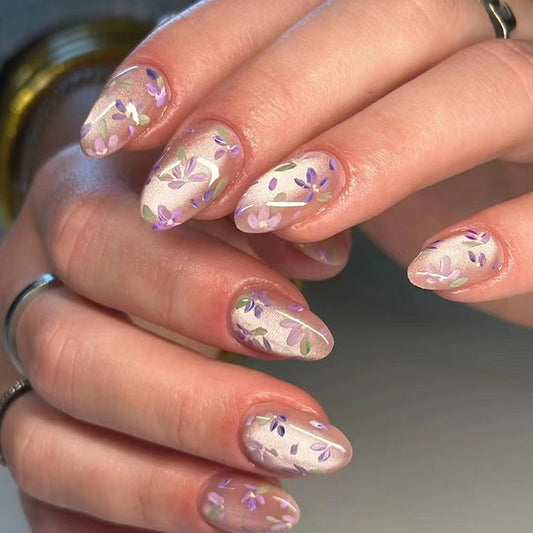 Enchanted Garden Medium Oval Beige Press On Nails with Purple Floral Accents