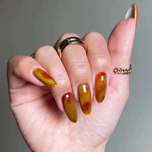 Autumn Elegance Long Almond Amber Swirl Press On Nail Set with Unique Marbled Design