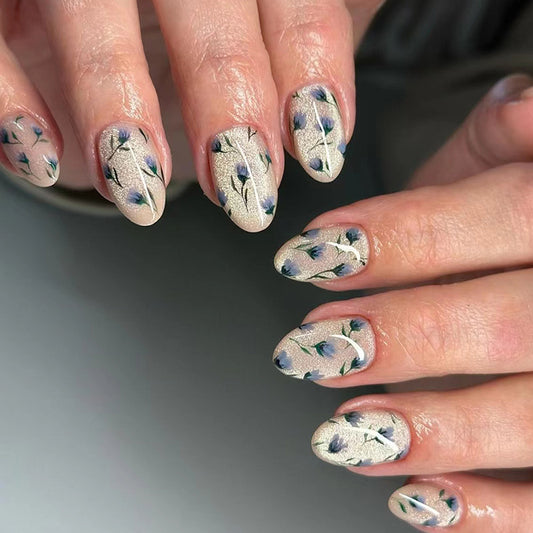 Enchanted Garden Medium Oval Grey Press On Nail Set with Floral Accents