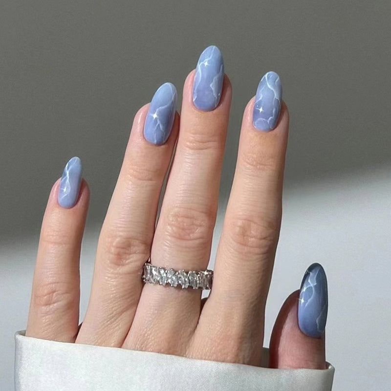 Stargazer Serenity Medium Oval Periwinkle Blue Press On Nail Set with Cloud and Star Accents