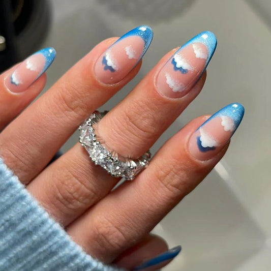 Skyline Serenity Medium Oval Shaped Blue Ombre Press On Nail Set with Cloud Design