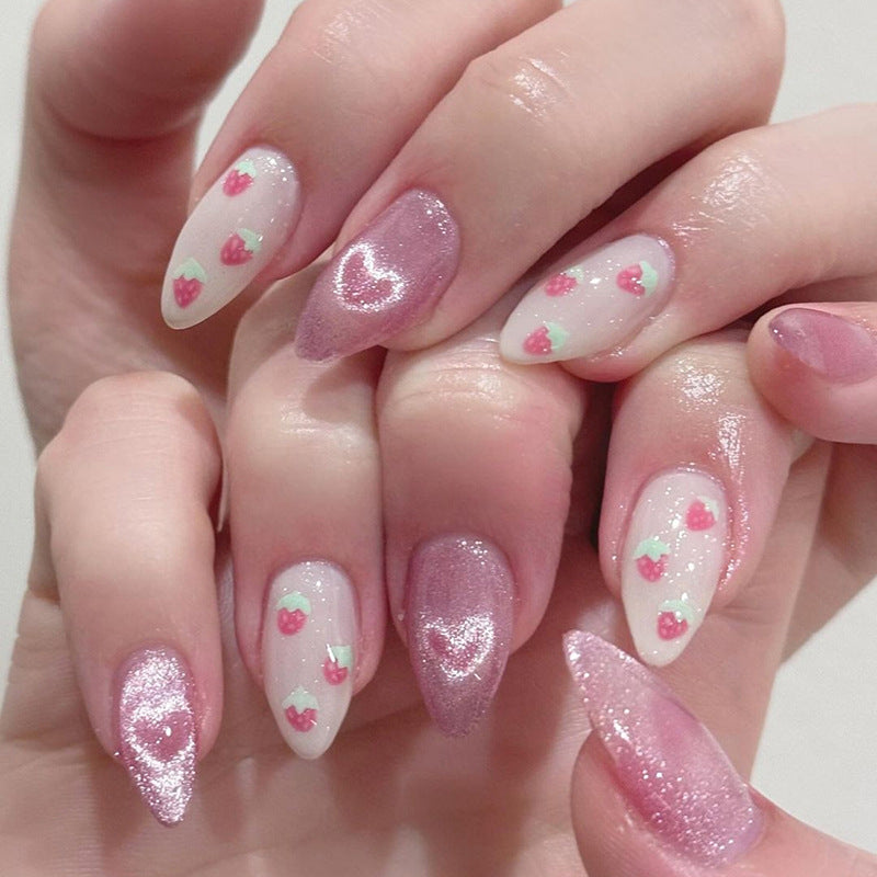 Enchanted Romance Medium Almond Pink Glitter Press On Nails with Heart Accents