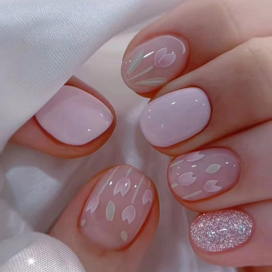 Ethereal Garden Short Round Pink Press On Nail Set with Floral Accents and Glitter Statement Nail