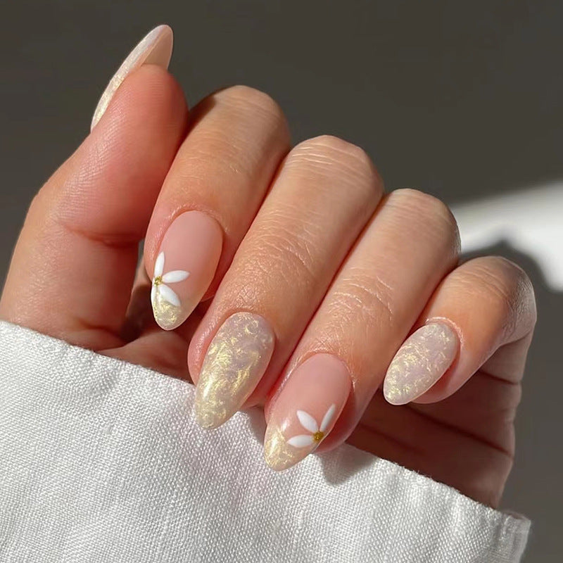 Elegant Springtime Medium Almond Beige Press on Nails with White Floral Accents and Gold Flakes