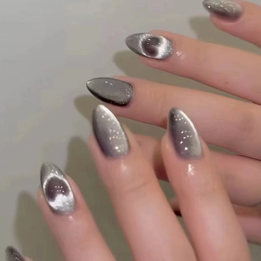 Starry Night Medium Almond Gray Press On Nail Set with Glitter Accents