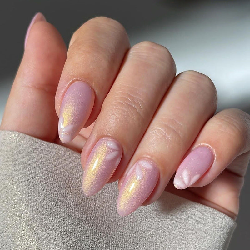 Enchanted Glow Medium Almond Pastel Pink Iridescent Shimmer Press On Nail Set