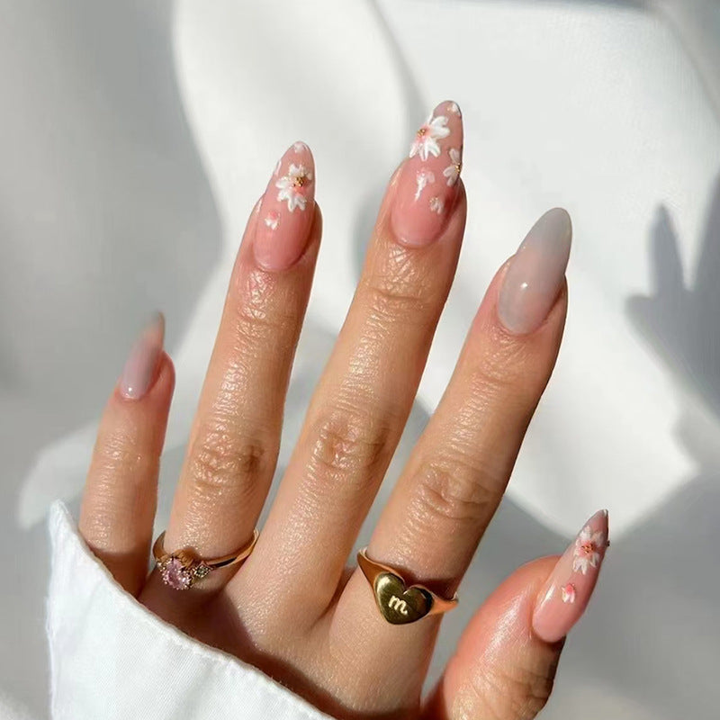 Spring Blossom Medium Almond Pink Press On Nails with Delicate Flower Accents