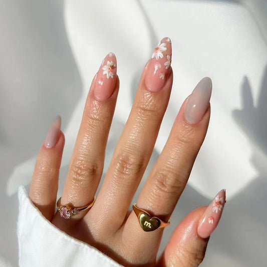 Spring Blossom Medium Almond Pink Press On Nails with Delicate Flower Accents