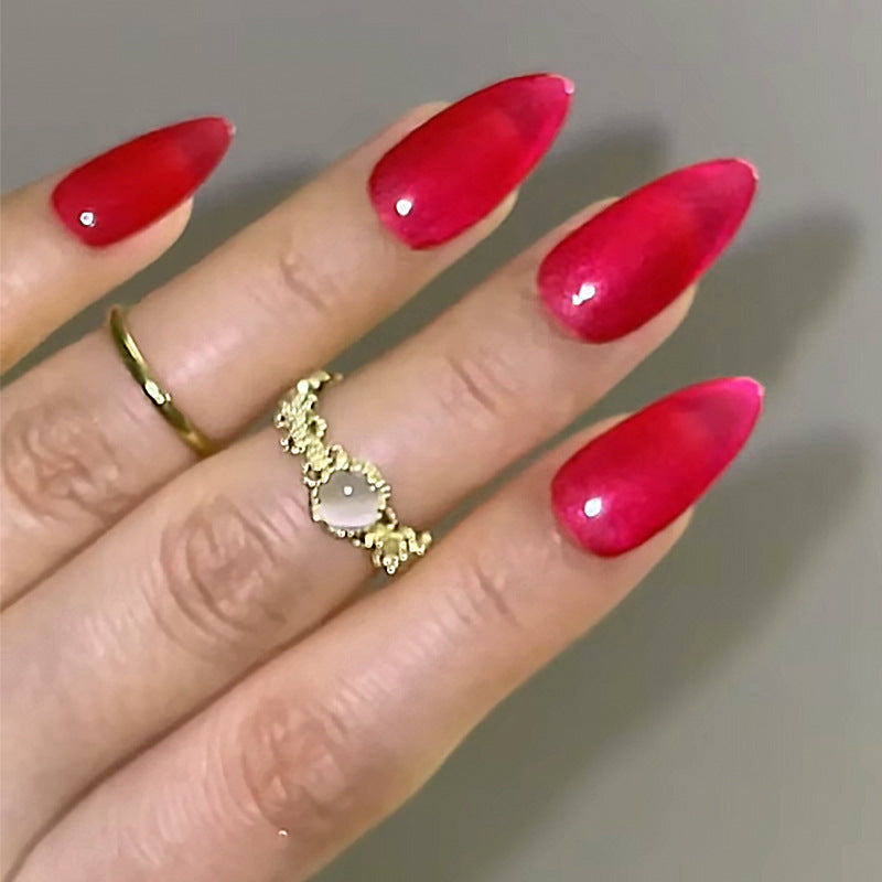 Glamourous Ruby Red Medium Almond Press On Nail Set with Shimmer Finish