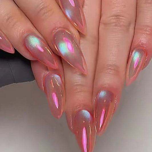 Enchanted Aurora Long Stiletto Pink Holographic Press On Nail Set with Luminous Glow