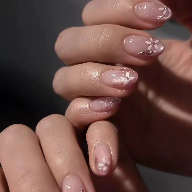 Cherry Blossom Elegance Medium-Length Oval Beige Press On Nail Set with White Flower Accents