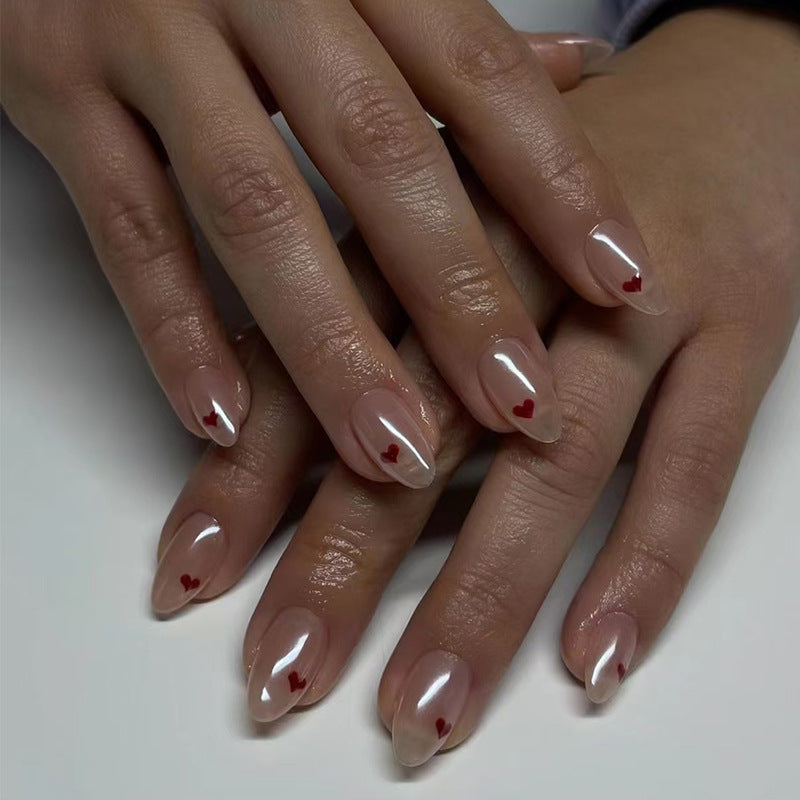 Romantic Affair Medium Almond Beige Press On Nails with Dainty Red Heart Accents