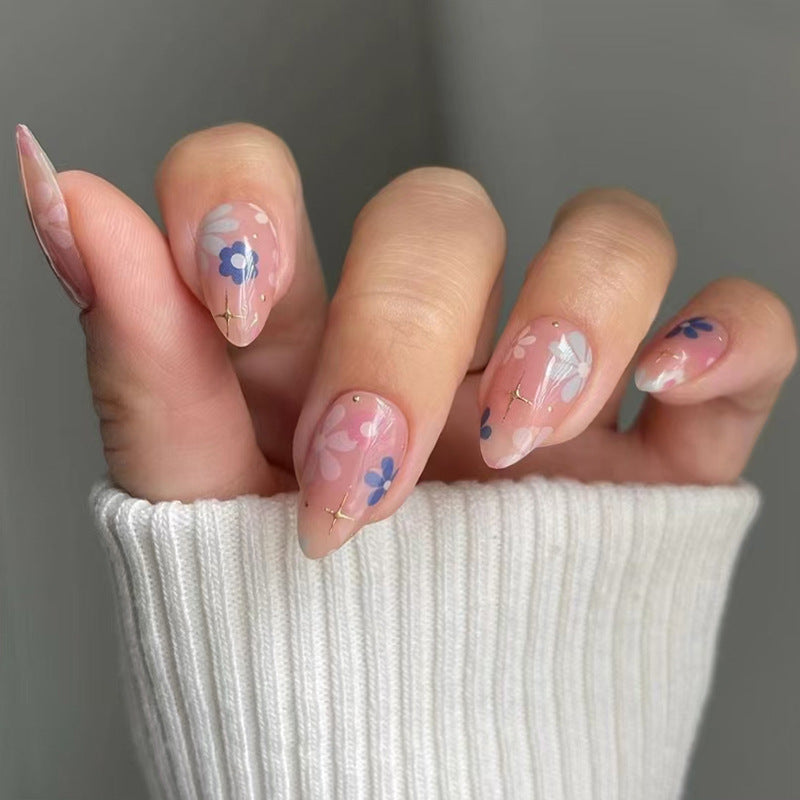 Floral Fantasy Medium Almond Shaped Pink Press On Nails with Delicate Flower Art and Gold Accents