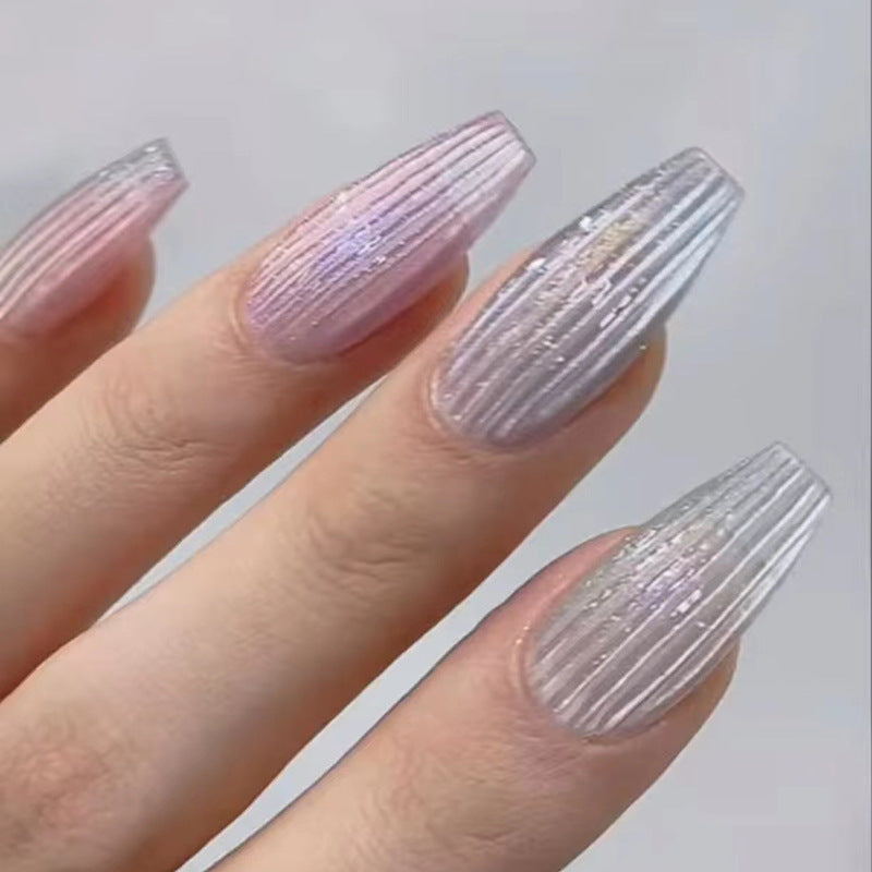 Ethereal Frost Long Coffin Pastel Gradient Glitter Stripe Press On Nail Set