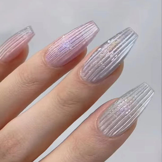 Ethereal Frost Long Coffin Pastel Gradient Glitter Stripe Press On Nail Set