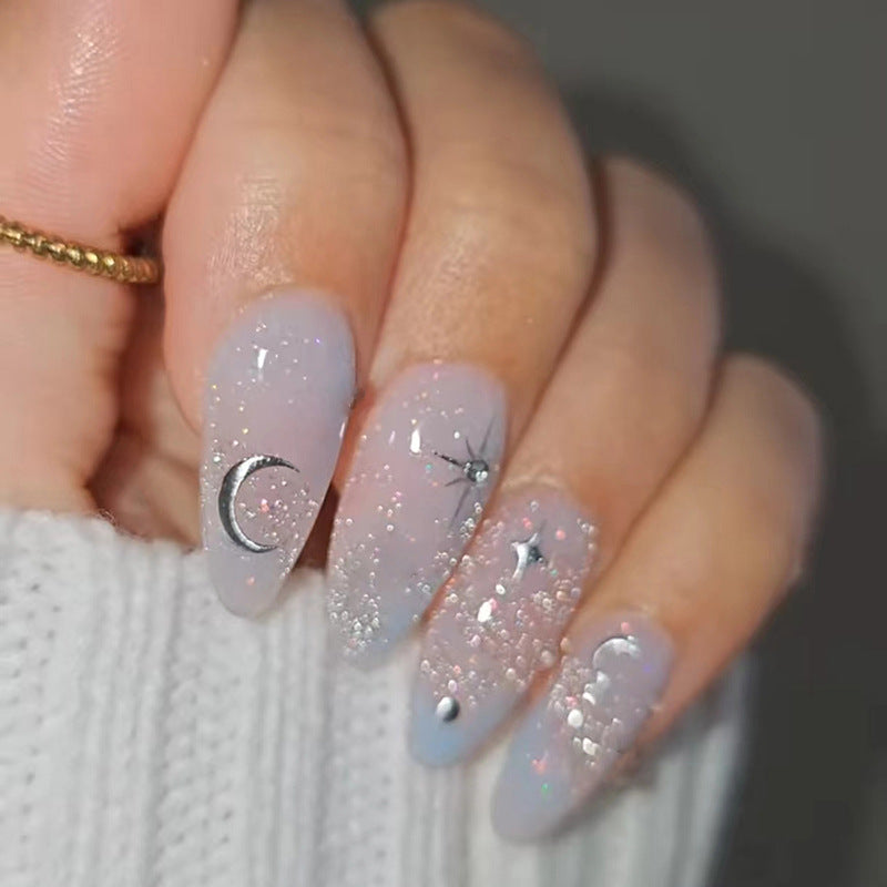 Celestial Twilight Long Almond Lavender Glitter Crescent Moon Press On Nail Set