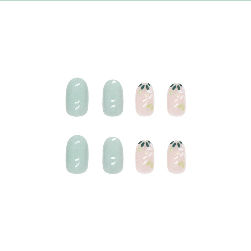 Floral Bliss Short Oval Mint Green and Soft Pink Press On Nail Set with Charming Botanical Design