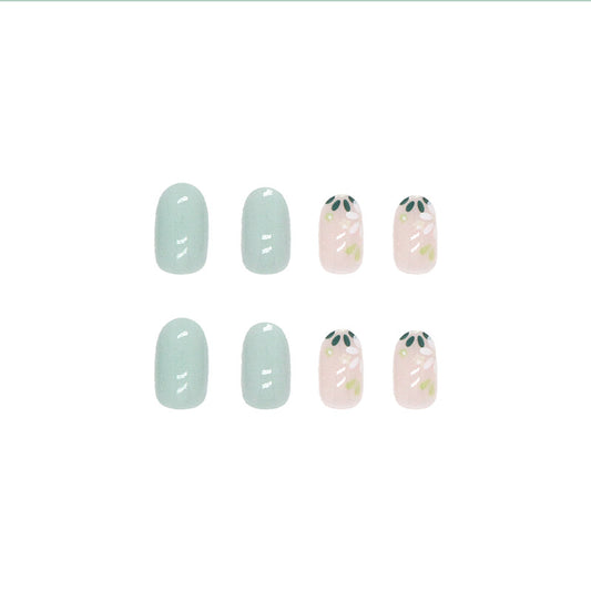 Floral Bliss Short Oval Mint Green and Soft Pink Press On Nail Set with Charming Botanical Design