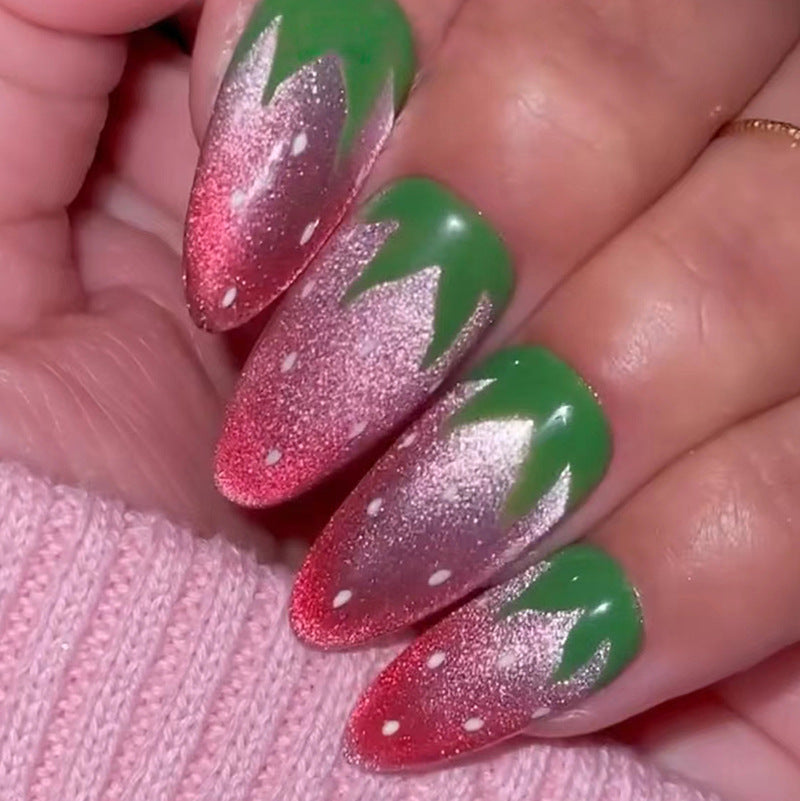 Enchanted Garden Long Almond Pink and Green Glitter Gradient Press On Nail Set with White Floral Accents