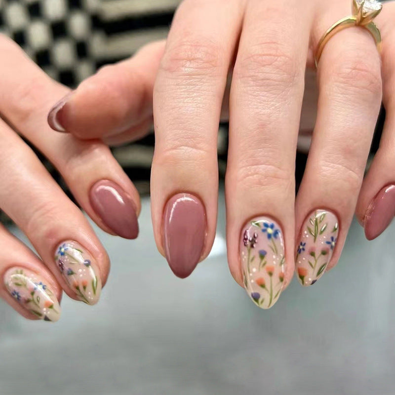 Enchanted Garden Medium Almond Mauve Press On Nail Set with Hand-Painted Floral Designs