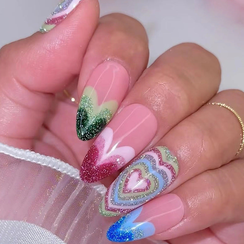 Enchanted Sparkle Long Almond Multicolor Glitter Press on Nail Set with Hypnotic Swirl Accents