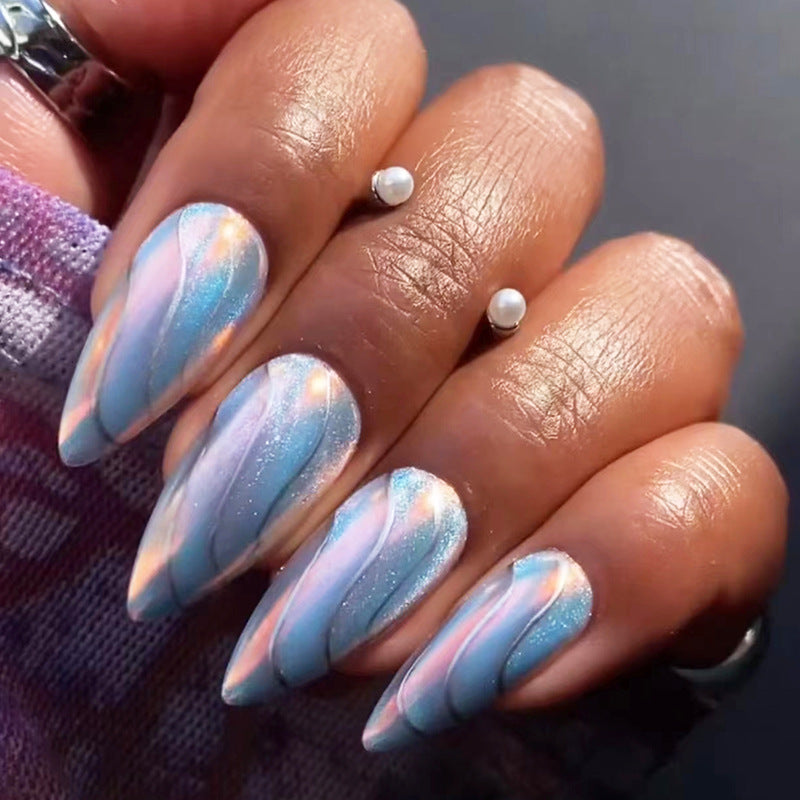 Celestial Aurora Long Almond Pastel Multicolor Press On Nails with Pearl Accents and Glitter Finish