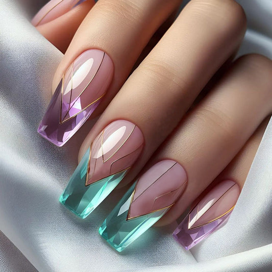 Enchanted Gemstone Long Coffin Gradient Press-on Nails with Geometric Accents