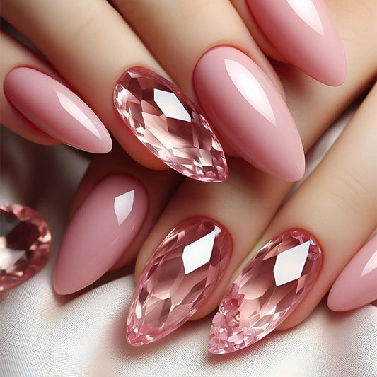 Enchanted Elegance Medium Almond Blush Pink Press On Nail Set with Gemstone Accents