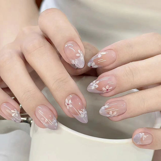 Cherry Blossom Delight Medium Almond Beige Press On Nail Set with Elegant Floral Accents