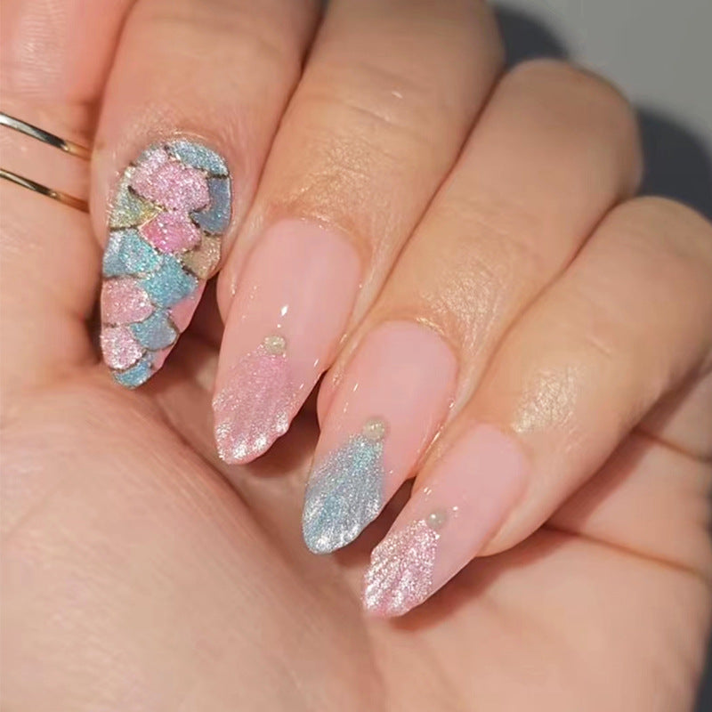 Mermaid Fantasy Long Almond Glittering Pink and Blue Ombre Press On Nail Set with Iridescent Accents