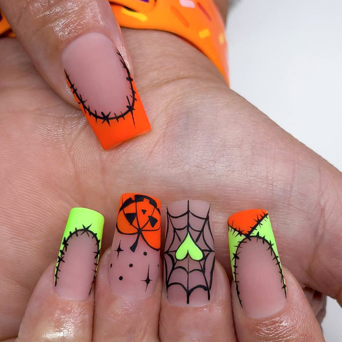 Spooky Halloween Vibes Square Neon Press On Long Nail Set with Web and Pumpkin Designs