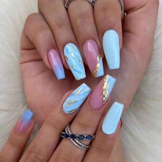 Elegant Pastel Sky Long Coffin Shaped Press On Nail Set with Gold Flake Accents