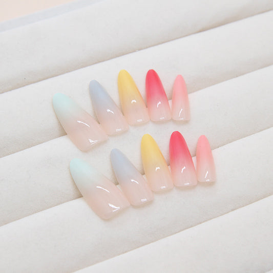 Sunset Ombre Long Stiletto Press On Nail Set - Multicolor Gradient Artificial Nails with Glossy Finish